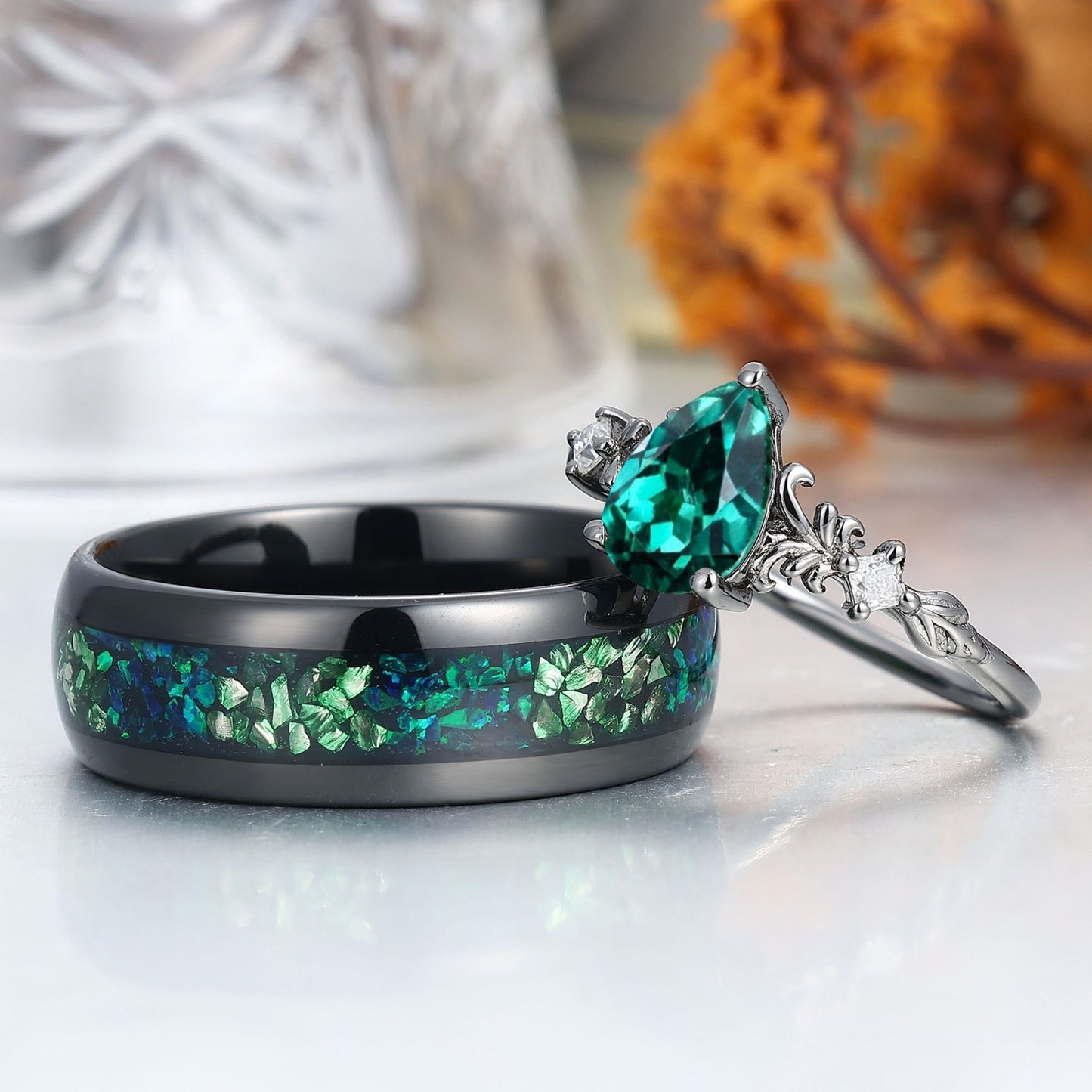 Gorgeous Pear Cut Emerald Couple Rings Green His And Hers Matching Ring Set