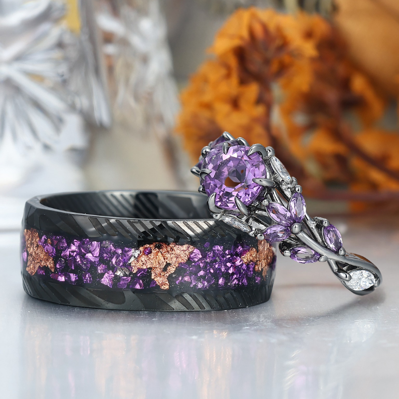 Amethyst and Black Damascus Steel Wedding Bands Matching Ring Set for Couples
