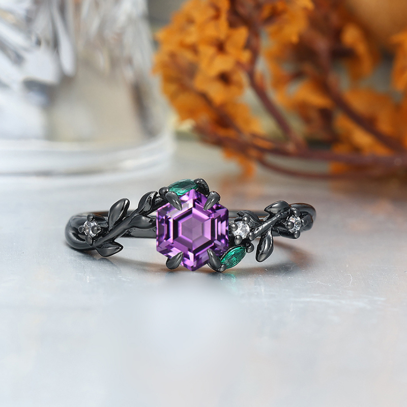 Fascinating Amethyst Leaf Engagement Couple Rings Matching Tungsten His and Hers Wedding Band