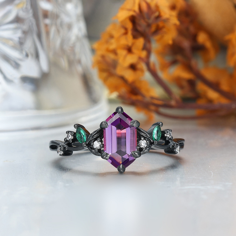 Fascinating Long Hexagon Amethyst Leaf Engagement Couple Rings Matching Tungsten His and Hers Wedding Band