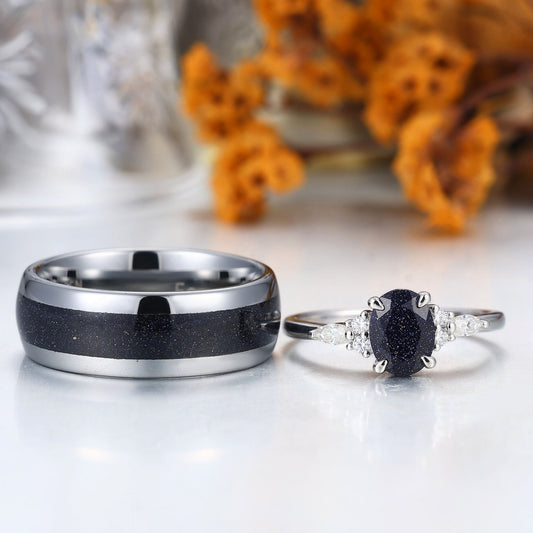 Nebula Blue Sandstone Couple Ring Dark Blue S925 And Tungsten Matching Ring