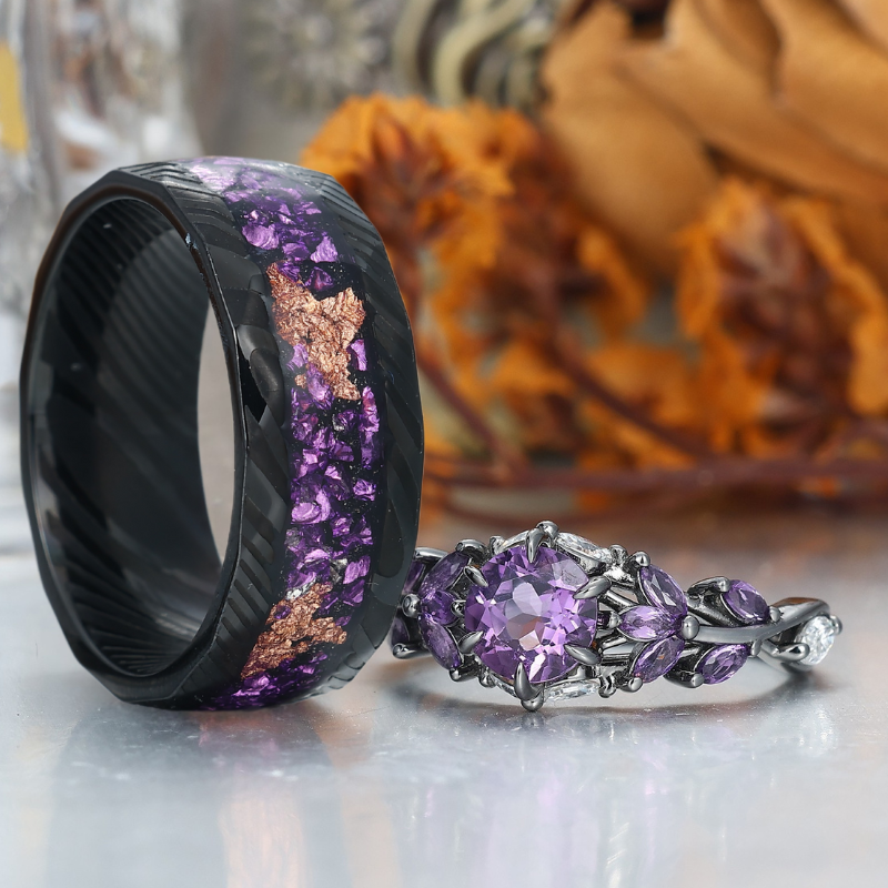 Amethyst and Black Damascus Steel Wedding Bands Matching Ring Set for Couples