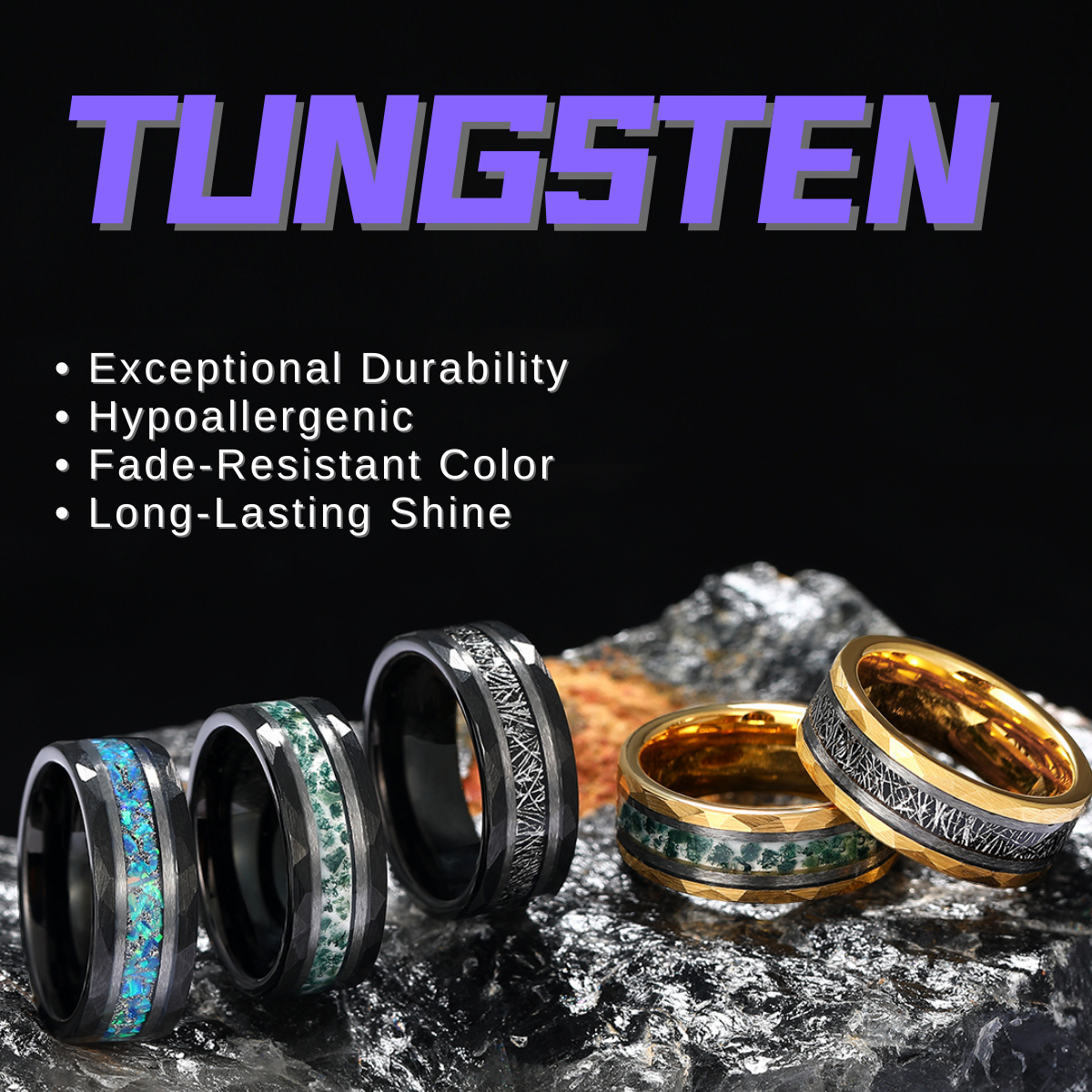 Blue Galaxy Sandstone Tungsten Ring Orion Nebula Band 8mm Polished Dome Silver Gray Men's Ring