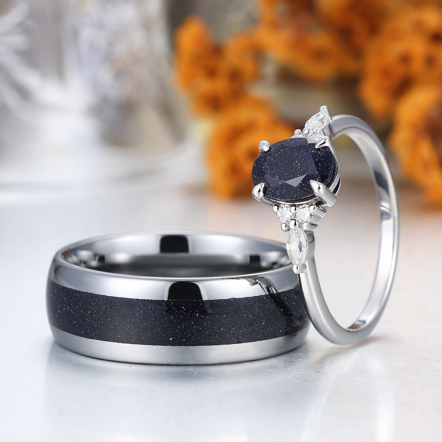 Nebula Blue Sandstone Couple Ring Dark Blue S925 And Tungsten Matching Ring