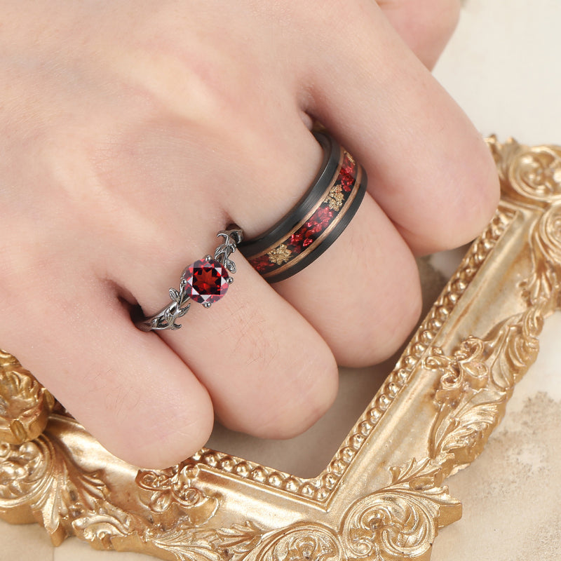 Solitaire Round Cut Natural Red Garnet Leaves Engagement Couples Rings Anniversary Wedding Band