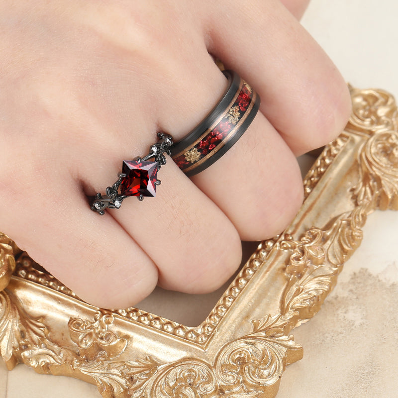 2CT Princess Cut Red Garnet Twig Engagement Couple Rings Tunsten Birthday Anniversary Ring