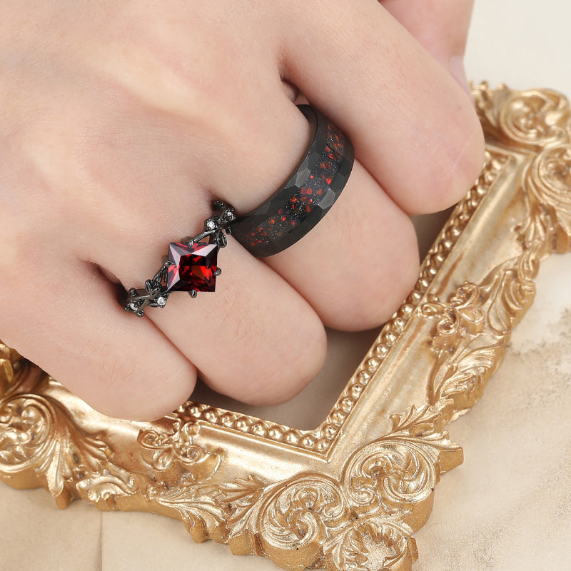Unique Red Garnet Leaf-inspired Engagement Rings For Couples Modern  Anniversary Wedding Band