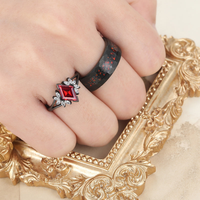 Noble Red Garnet Cluster Engagement Rings For Couples Unique His And Hers Wedding Bands