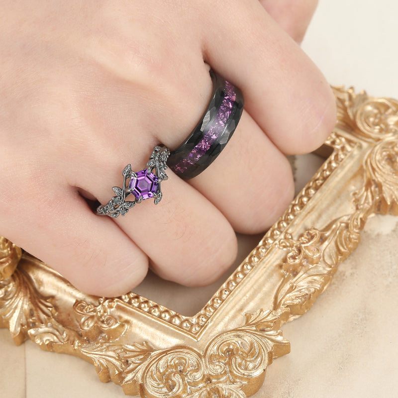 Personalized Natural Amethyst Leaves His And Hers Wedding Bands Matching Purple Tungsten Rings