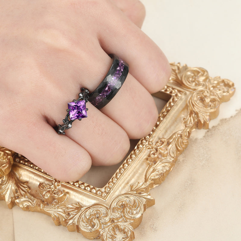 Exquisite Natural Amethyst Leaves Engagement Couple Rings S925 And Tungsten Wedding Bands