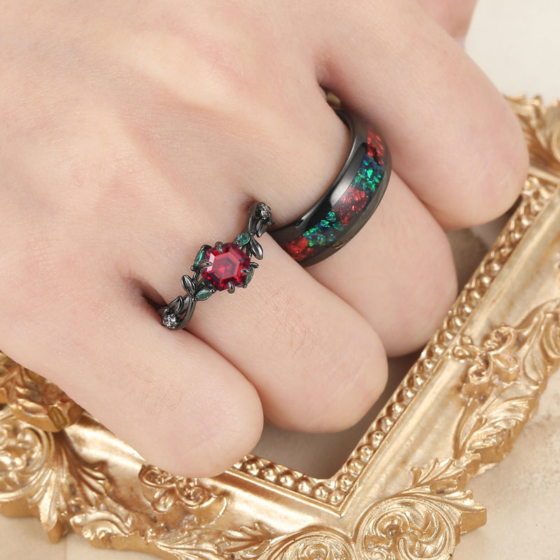 Red Garnet Sprigs Engagement Couple Rings Promise Ruby Tungsten Matching Wedding Rings