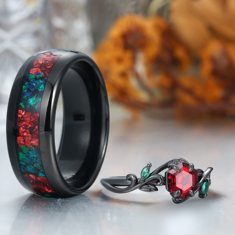 Art Deco Branch Red Garnet His and Hers Matchiing Ring Tungsten Couples Ring Anniversary Wedding Band