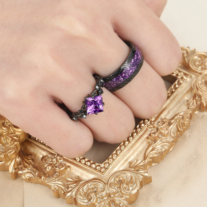 Princess Cut Natural Amethyst Leaf Engagement Couples Ring Set Anniversary Wedding Band