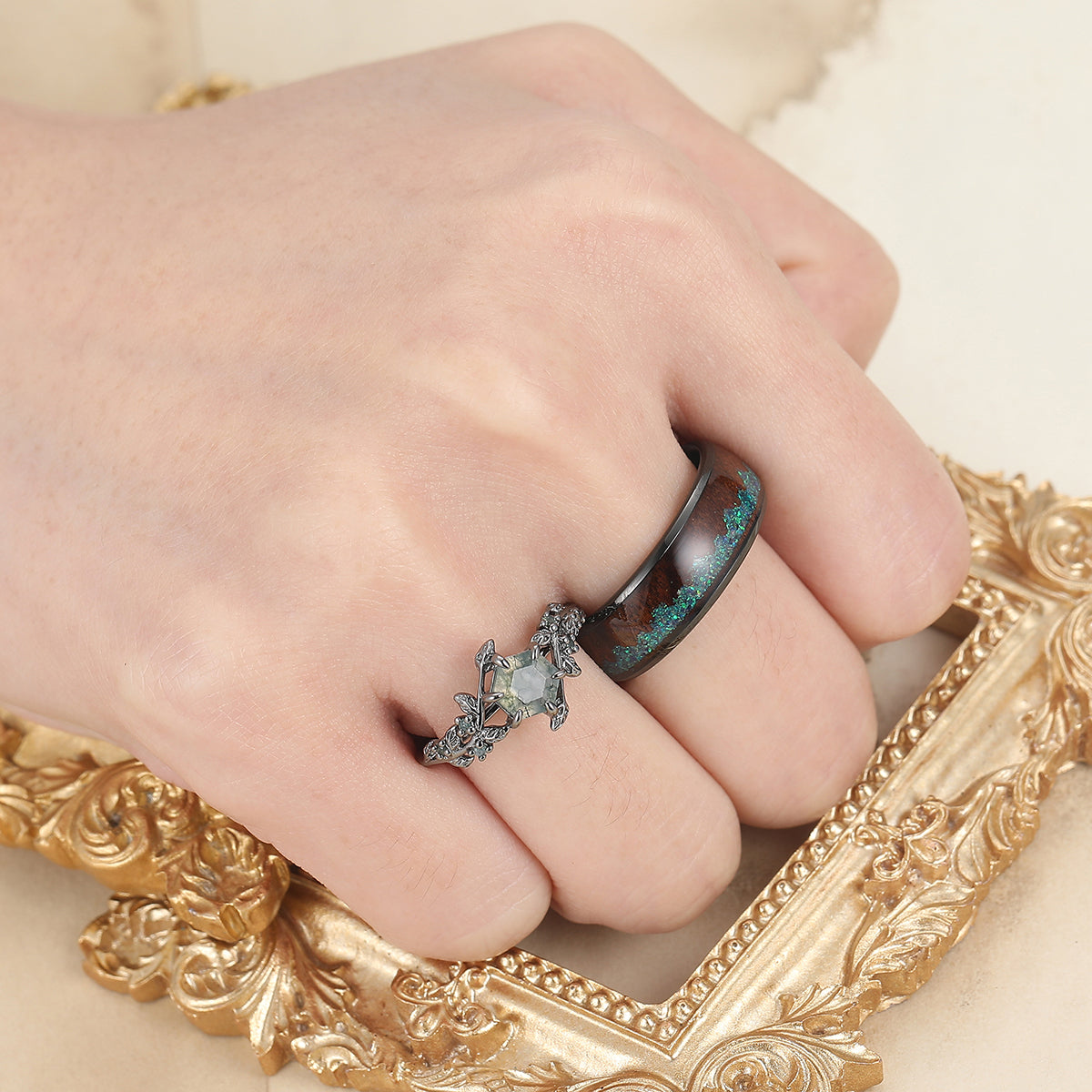Moss Agate Sprigs Engagement Couple Rings Wood Inlay Tungsten Matching Wedding Rings