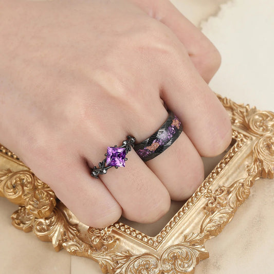 Custom Order - Interlaced Leaf Branches Amethyst Engagement Rings For Couples Matching Purple Damascus Steel Wedding Bands