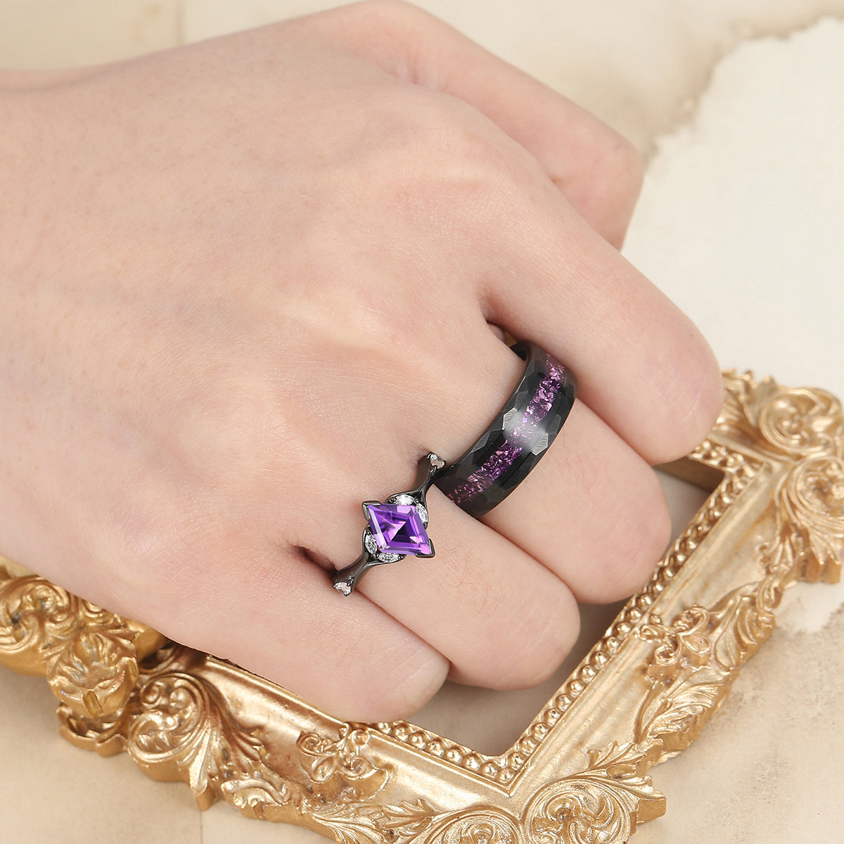 Stylish Rhombus Amethyst His And Her Wedding Bands Matching Hammered Personalized Couples' Set