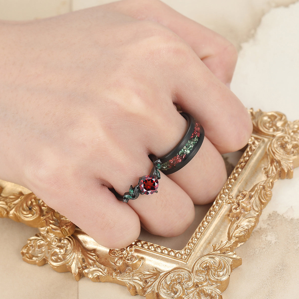 Artistic Red Garnet Textured Branches Couples Ring Set Tungsten His and Hers Wedding Band