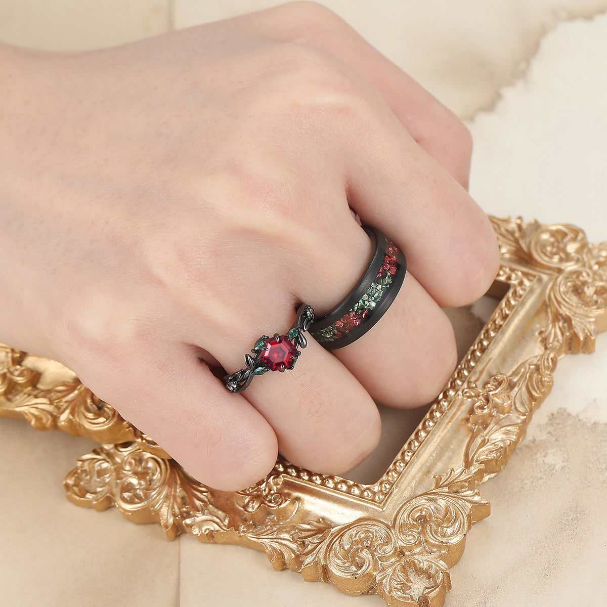 Red Garnet Sprigs Engagement Couple Rings Promise Green Tungsten Matching Wedding Rings