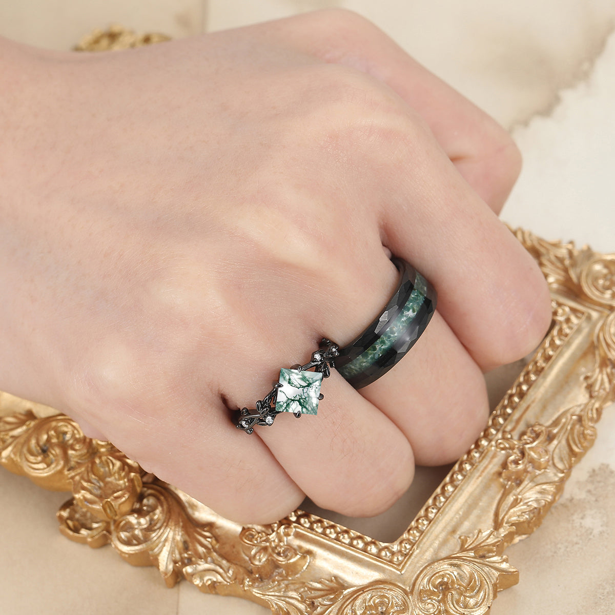 Fascinating Moss Agate Engagement Couples Ring 925 Sterling Silver And Tungsten Matching Ring