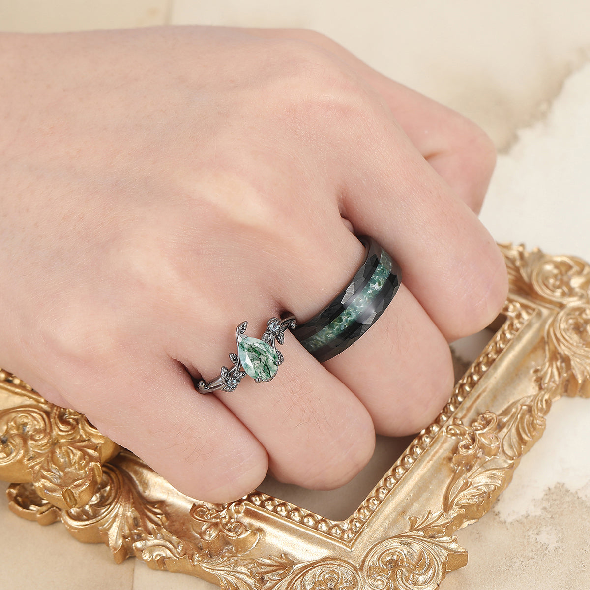 Vintage Pear Cut Moss Agate His and Hers Wedding Band Leaf Branch Black Plated Couples Ring