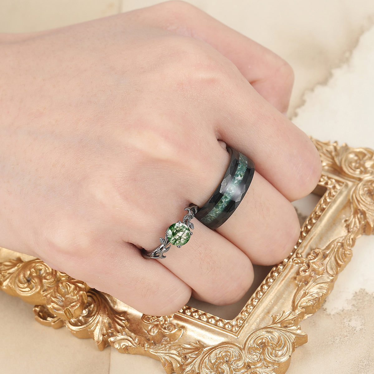 Solitaire Round Cut Moss Agate Couples Ring Set Silver And Green Tungsten Matching Ring