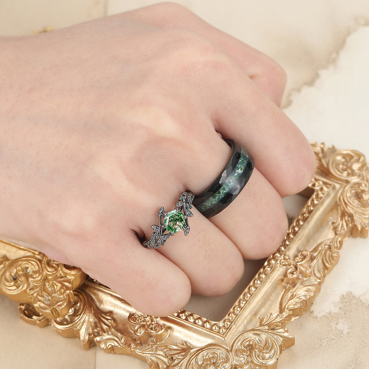 Gorgeous Green Moss Agate Leaf Couples Ring Set His and Hers Wedding Band 925 Sterling Silver