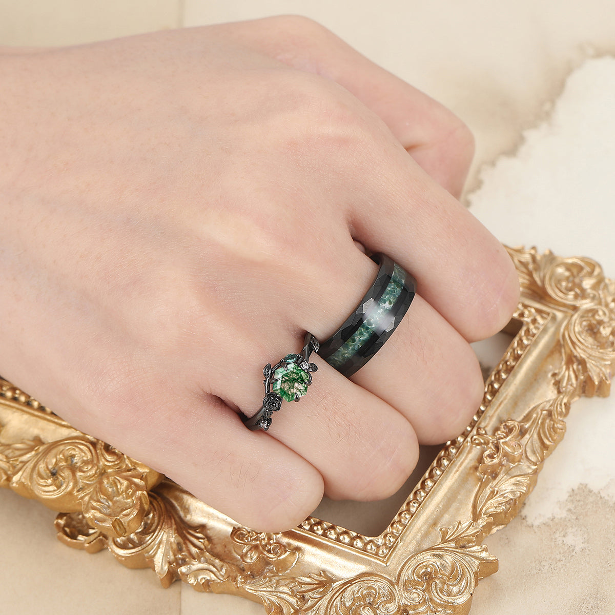 Roses Design Moss Agate Couple Rings Matching Promise Green Tungsten Engagement and Wedding Rings