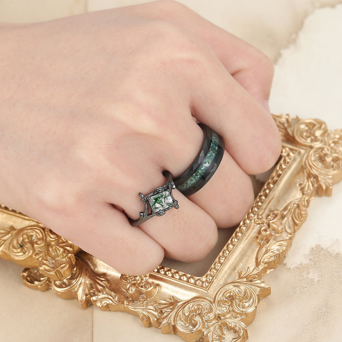 Solitaire Branches Natural Moss Agate Rings For Couples Matching Promise Hammered Tungsten Ring