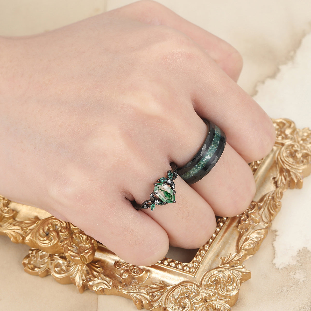 Gorgeous Natural Moss Agate Curved Leaf Couple Rings S925 And Tungsten Couples' Set