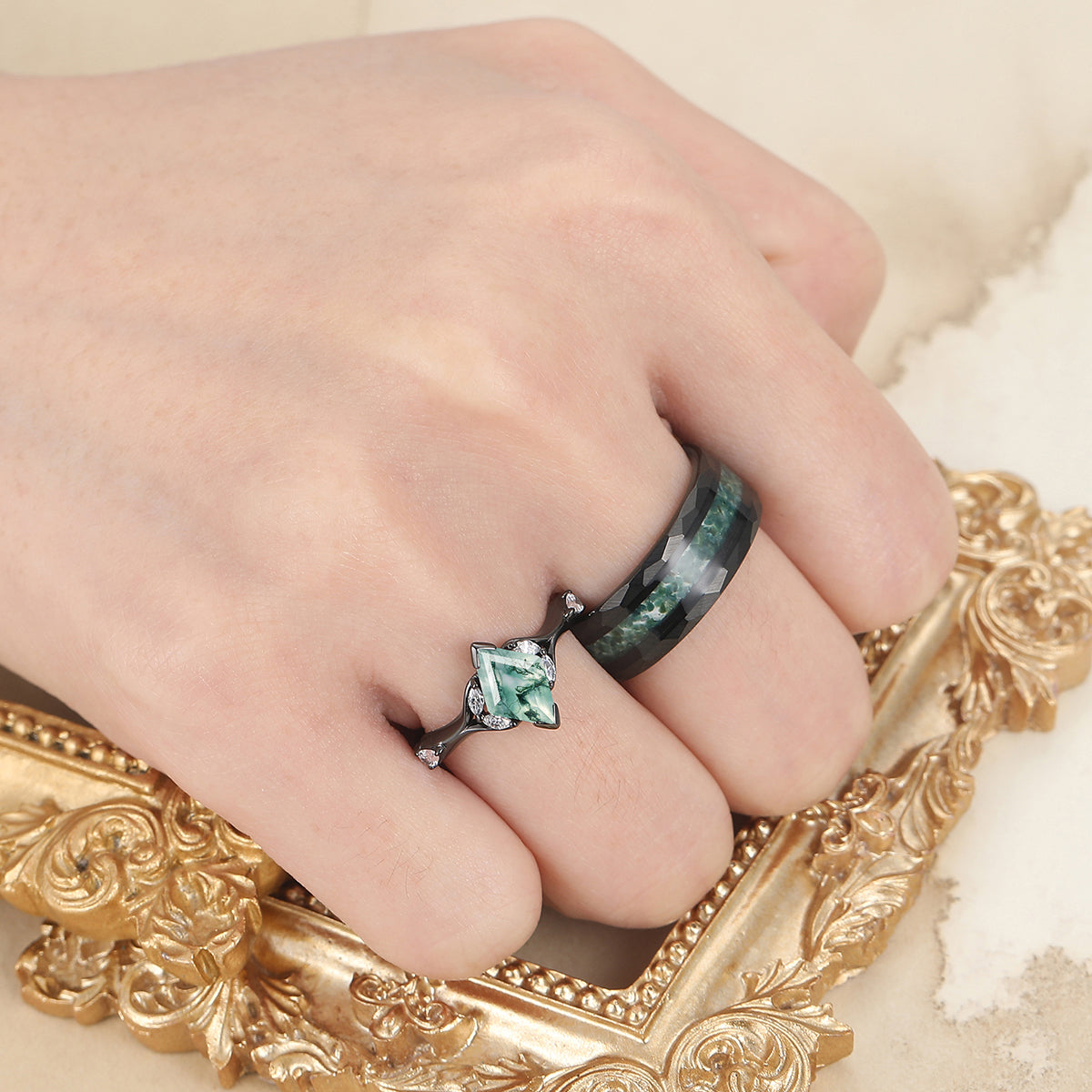 Art Deco Natural Moss Agate Engagement Couples Rings Green Gemstone Tungsten Rings for Couples