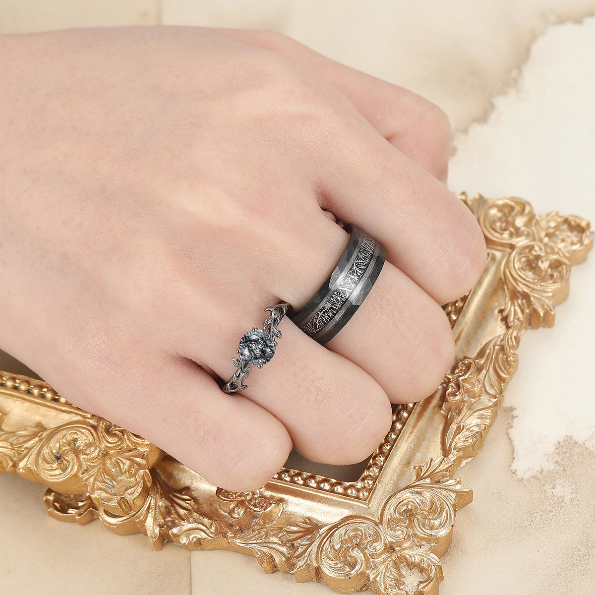 Stylish Black Rutilated Quartz Leaf Engagement Couple Rings Matching Hammered Tungsten Wedding Band
