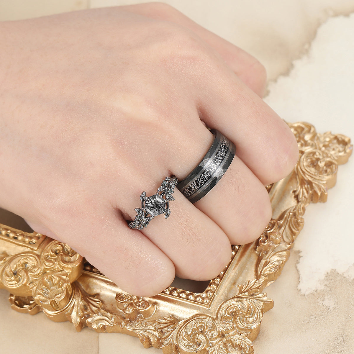 Hexagon Black Rutilated Quartz Leaf Design Couples Ring Set His and Hers Wedding Band