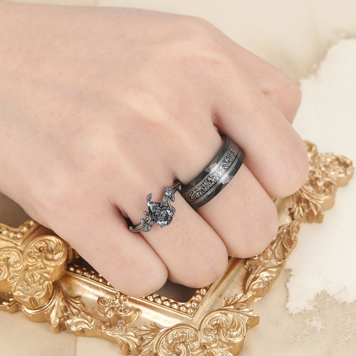 Promise Pear Shape Black Rutilated Quartz Engagement Alexandrite Inlaid Couples Ring Set
