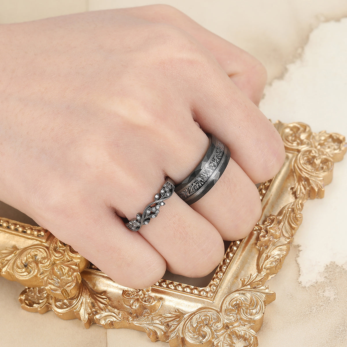 Unique Black Rutilated Quartz Leaf Engagement Couple Rings Matching Promise His And Hers Wedding Band