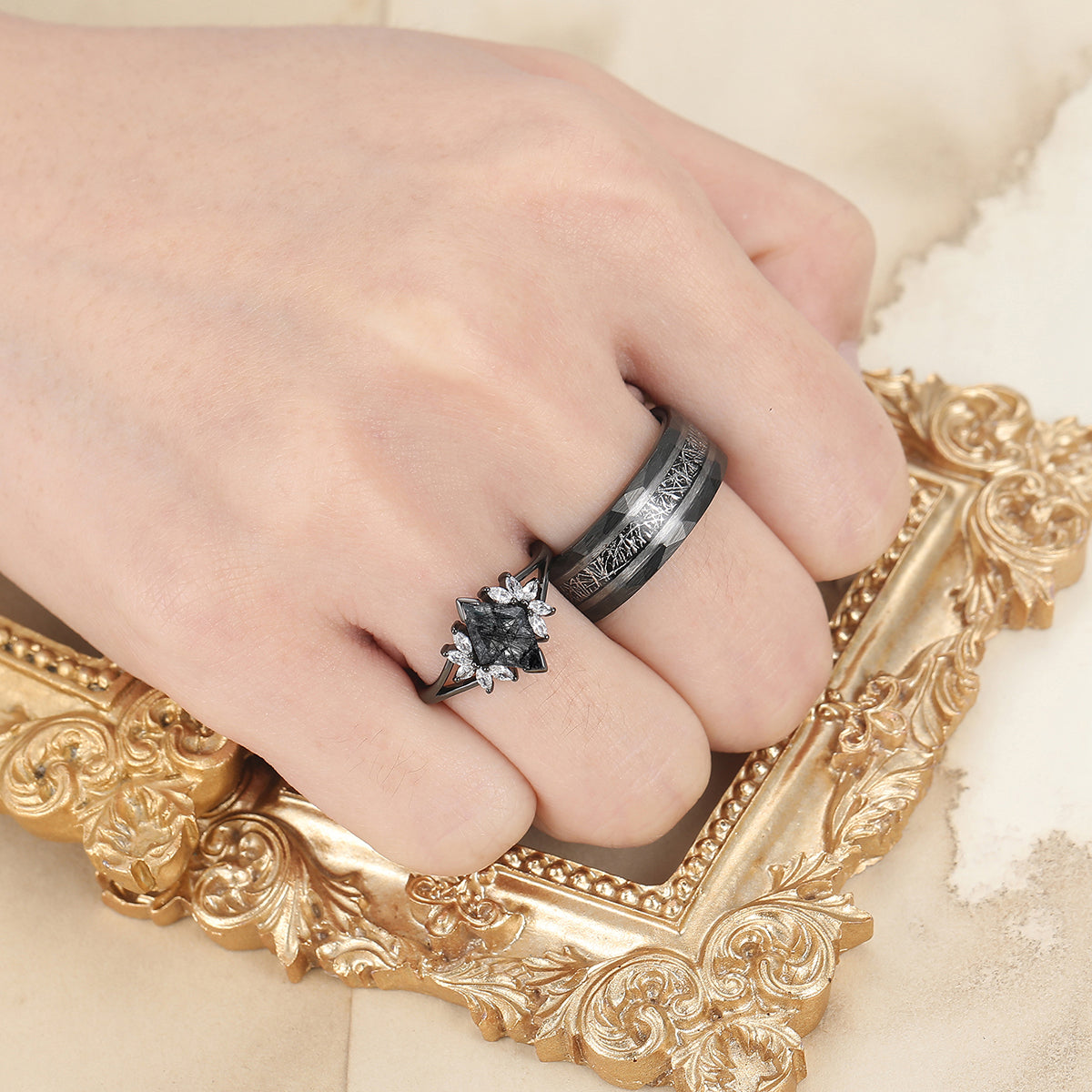 Personalized Black Rutilated Quartz Cluster Engagement Couple Rings Black Tungsten Band For Men And Women