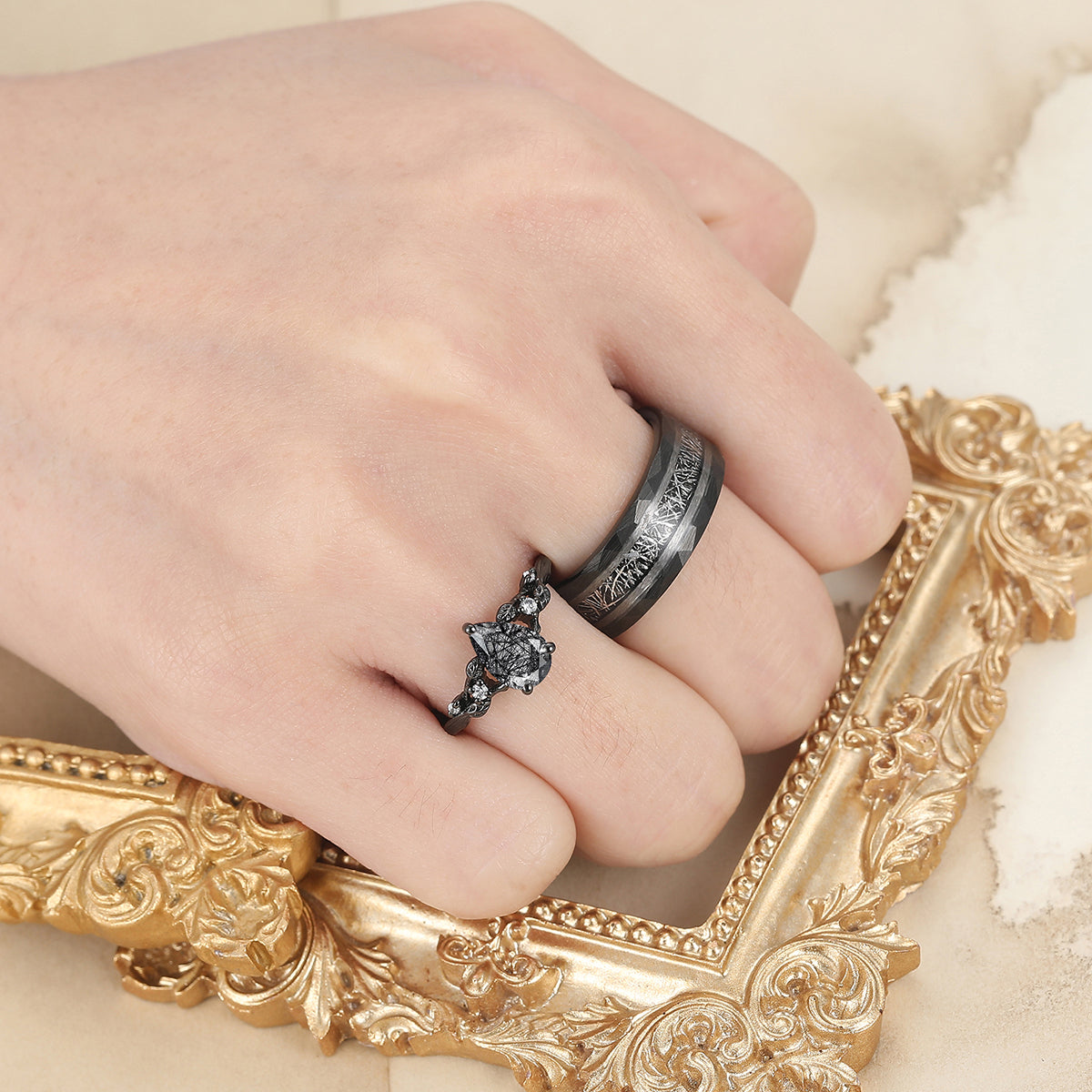 Exquisite Black Rutilated Quartz Leaves Engagement Couple Rings Tungsten Matching Promise Rings