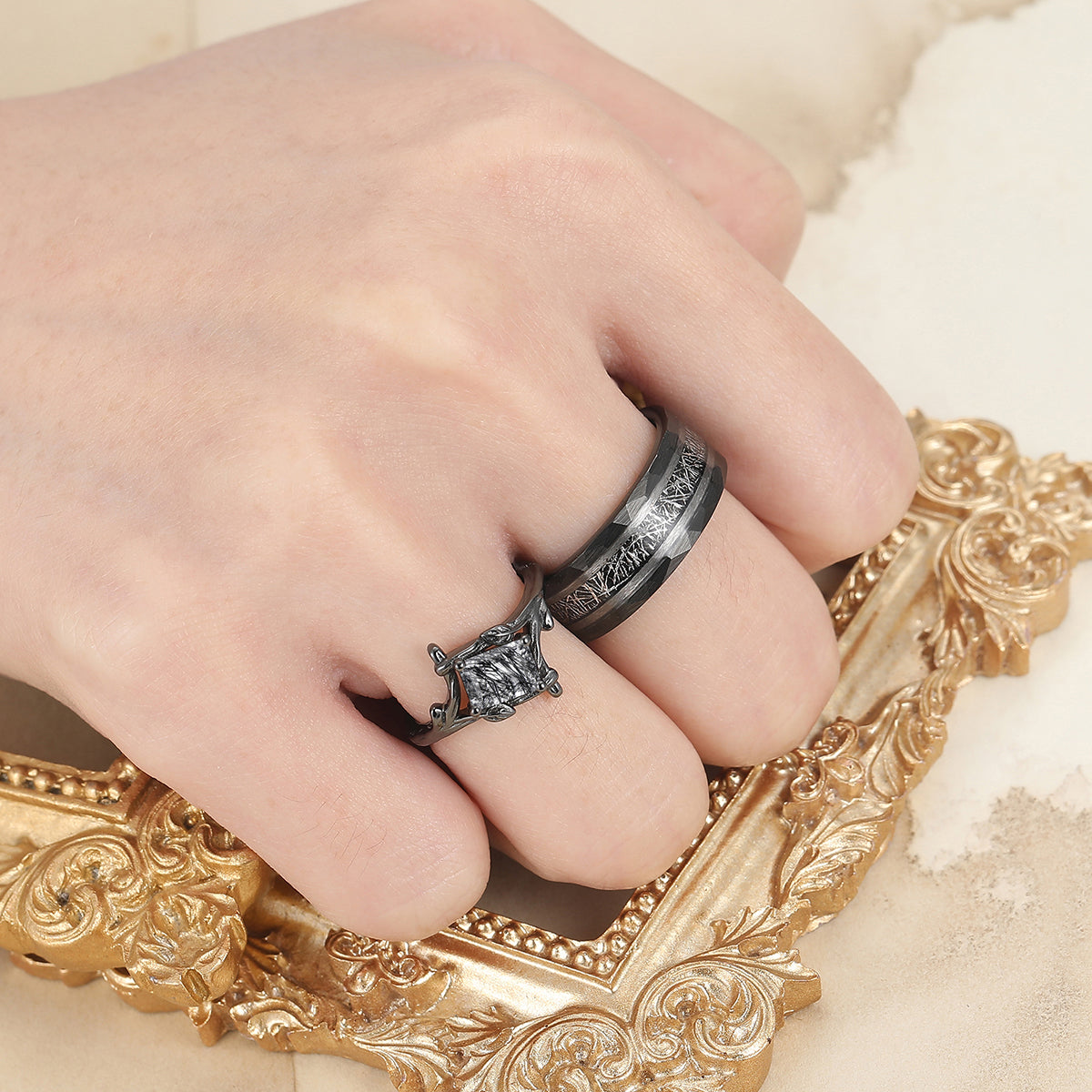 Art Deco Black Rutilated Quartz Branches Engagement Couple Rings Tungsten Black Plated Marriage Ring