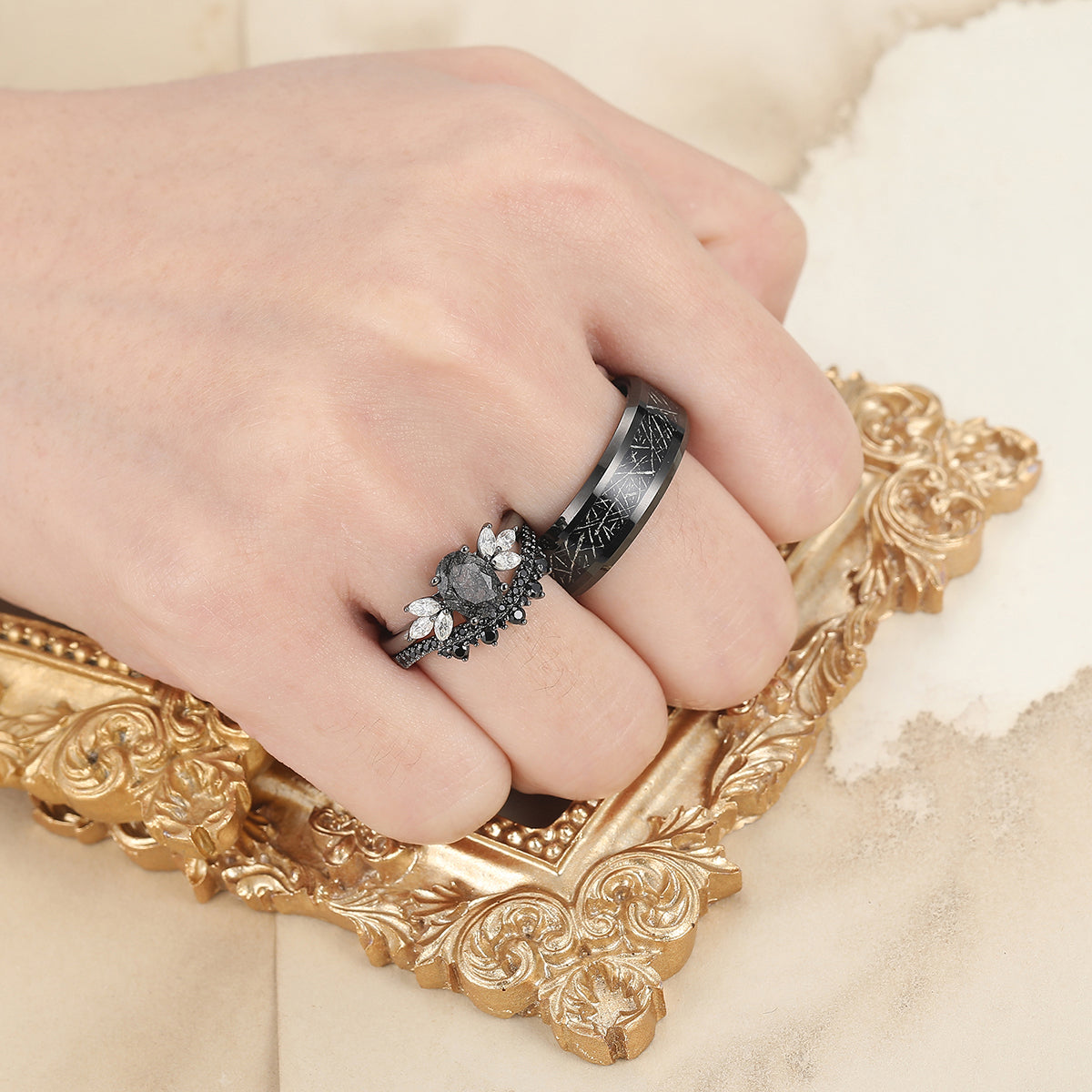 Vintage Oval Black Rutilated Quartz Gold Leaf Tungsten His and Hers Ring Set