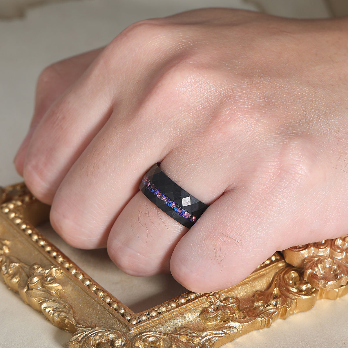 Hammered Rhombus Blue Sandstone Amethyst Inlay Tungsten Men's Ring Promise Birthday Ring
