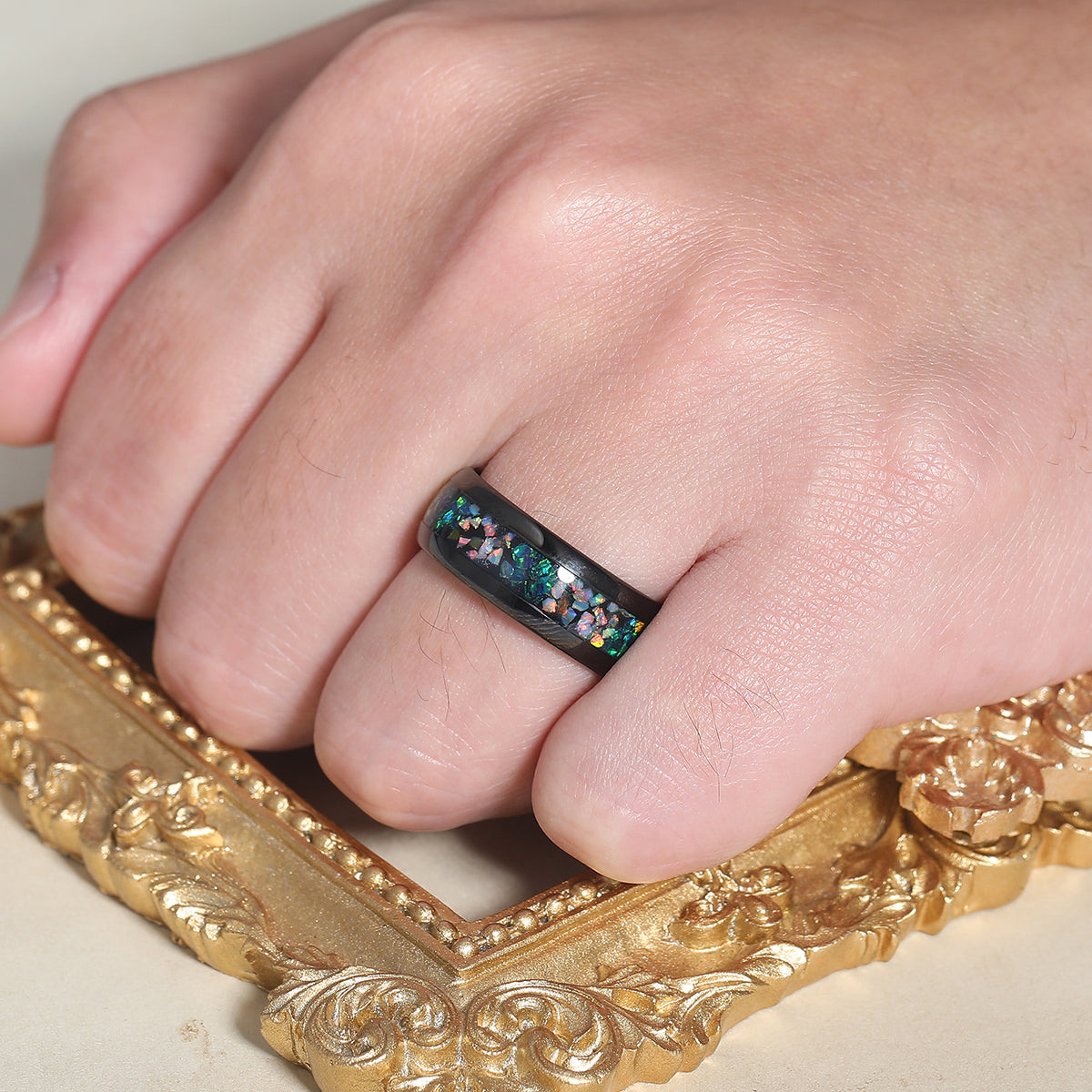 Polished Dome Peacock Green Opal And White Opal Inlay Men's Tunsten Ring Unisex Birthday Band