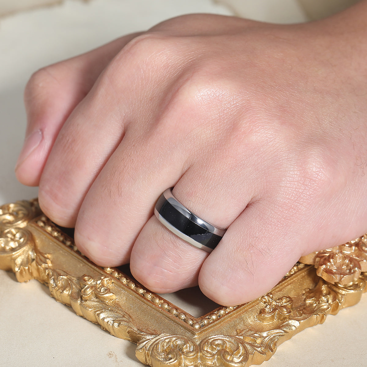Minimalist Black Onyx Inlay Tungsten Ring Silver Plated Promise Anniversary Wedding Band