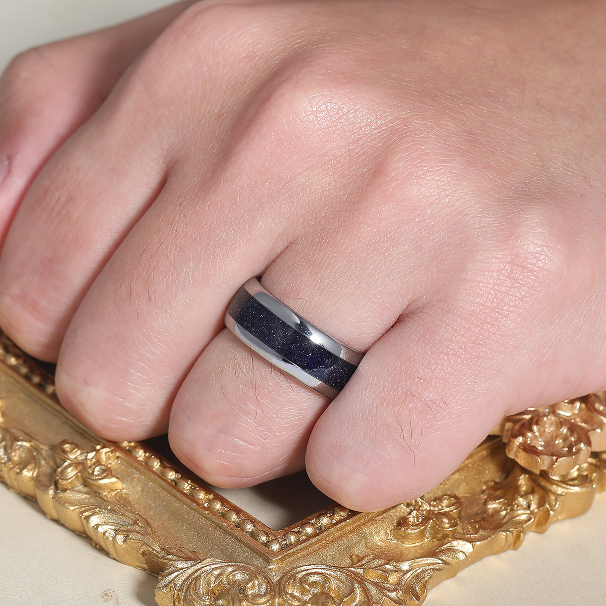 Minimalist Blue Sandstone Men's Tungsten Band Polished Dome Birthday Ring