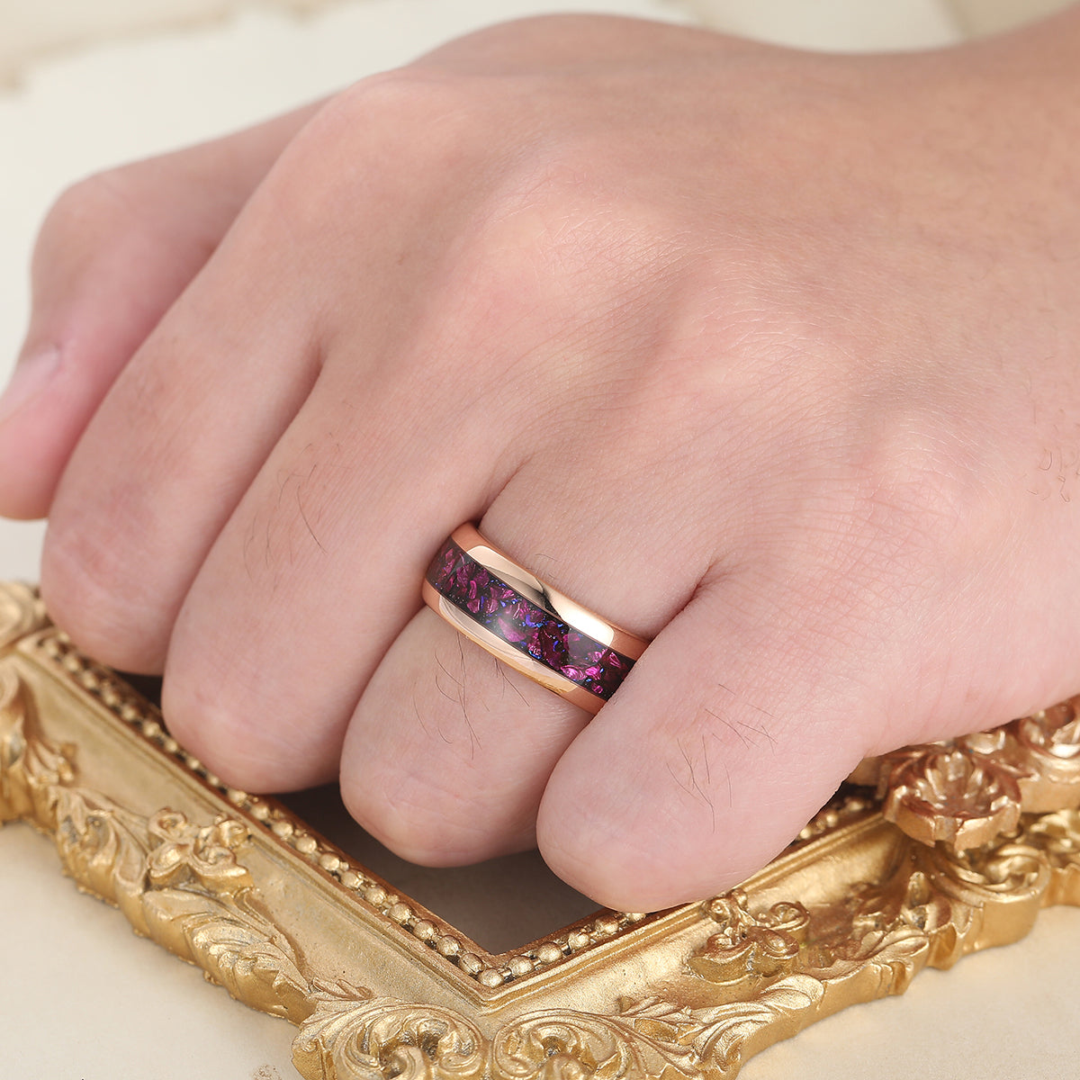 Polished Dome Amethyst Blue Sandstone Men's Ring Rose Gold Plated Tungsten Ring