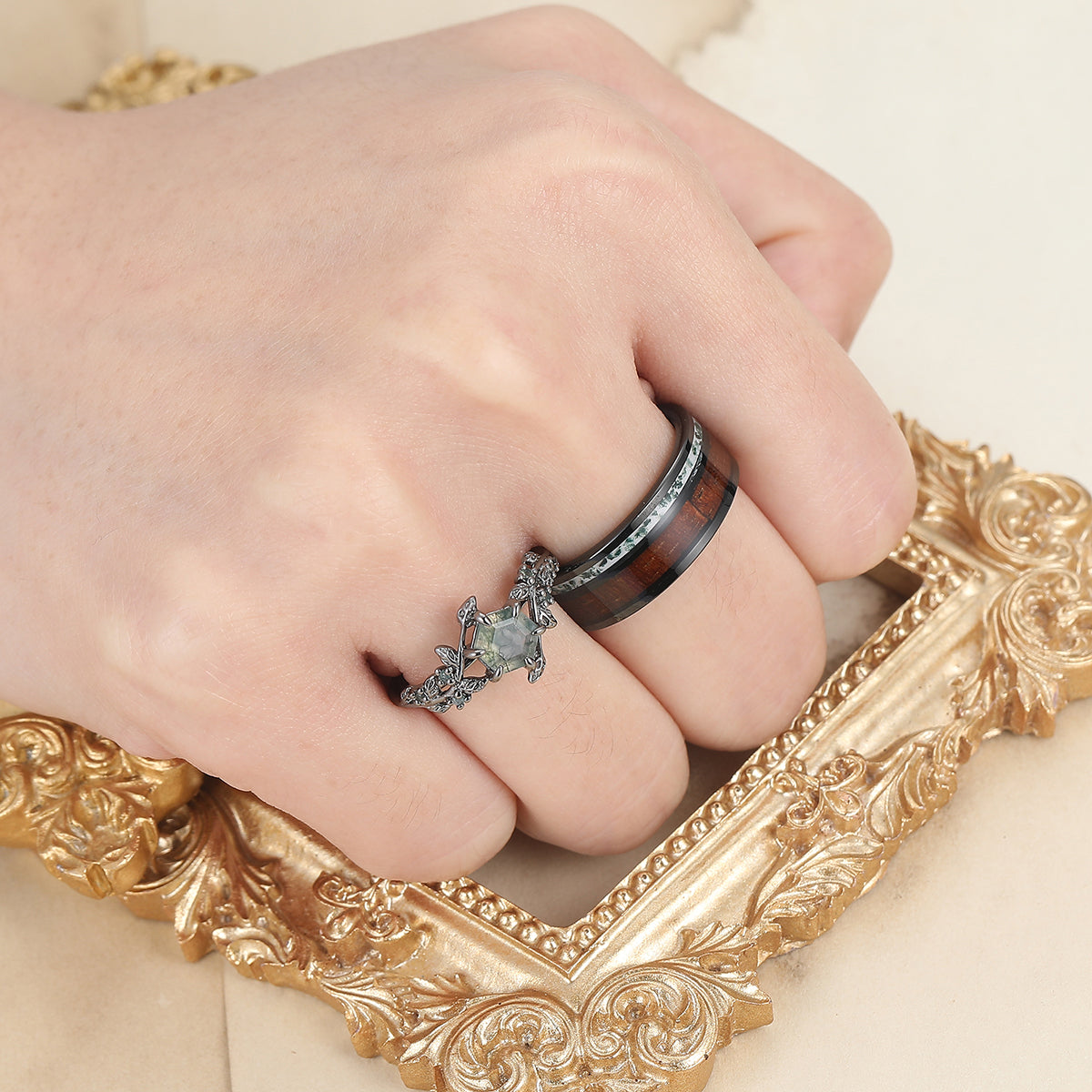 Moss Agate Sprigs Engagement Couple Rings Wood Tungsten Matching Wedding Rings