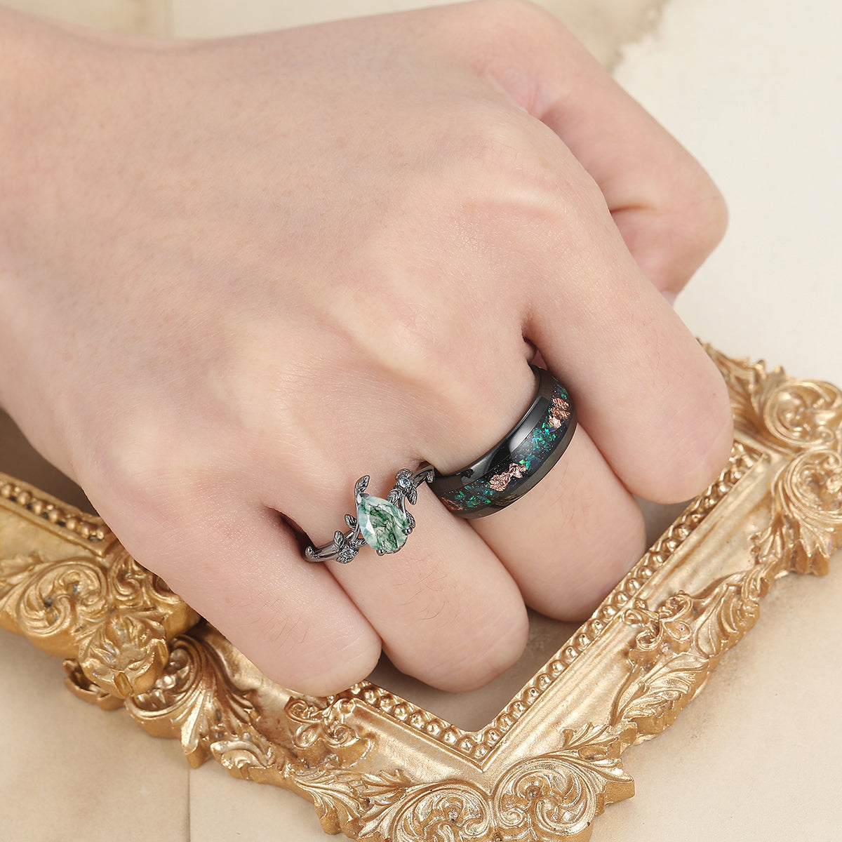 Classic Pear Emerald Leaves Vines Engagement Couple Rings Wedding Bands For Men And Women