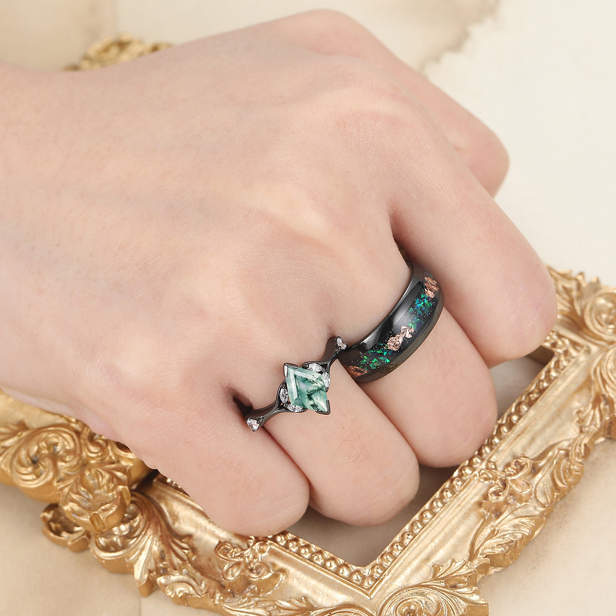 Art Deco Natural Moss Agate Engagement Couples Rings Matching Green Gemstone Hammered Tungsten Matching Rings for Couples