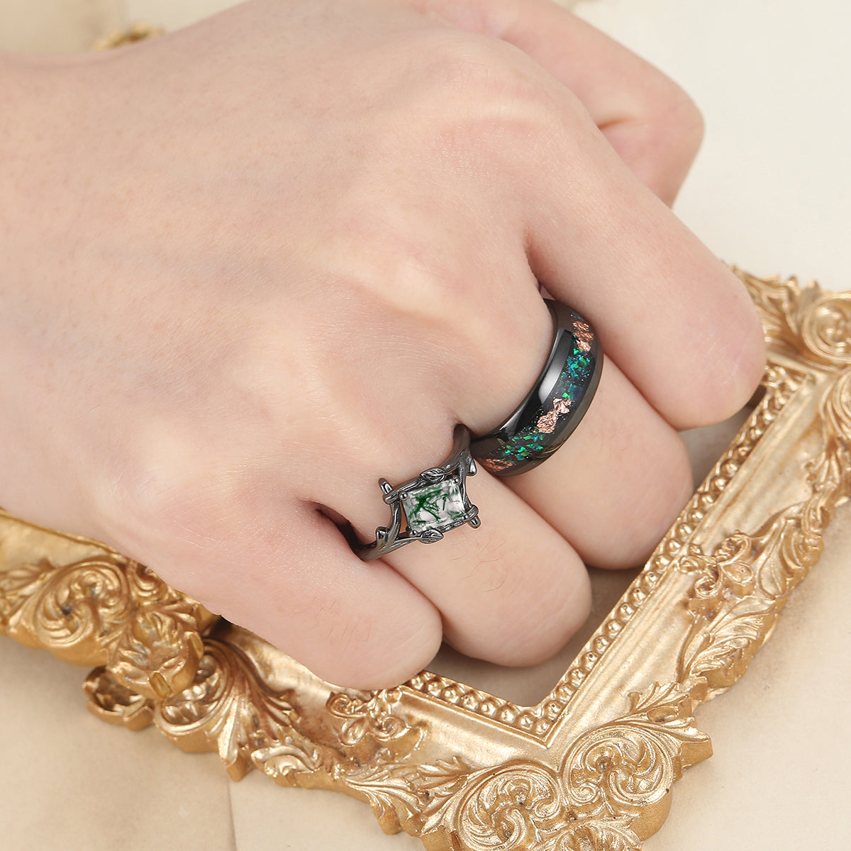 Branches Natural Moss Agate Rings For Couples Matching Promise Peacock Green Opal Tungsten Ring