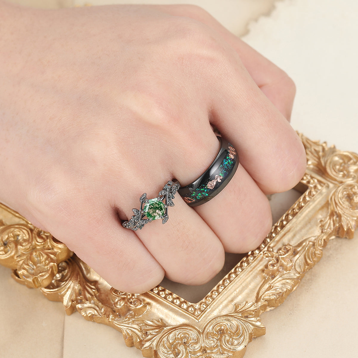 Moss Agate Couples Ring Set 925 Sterling Silver And Blue Tungsten Matching Ring