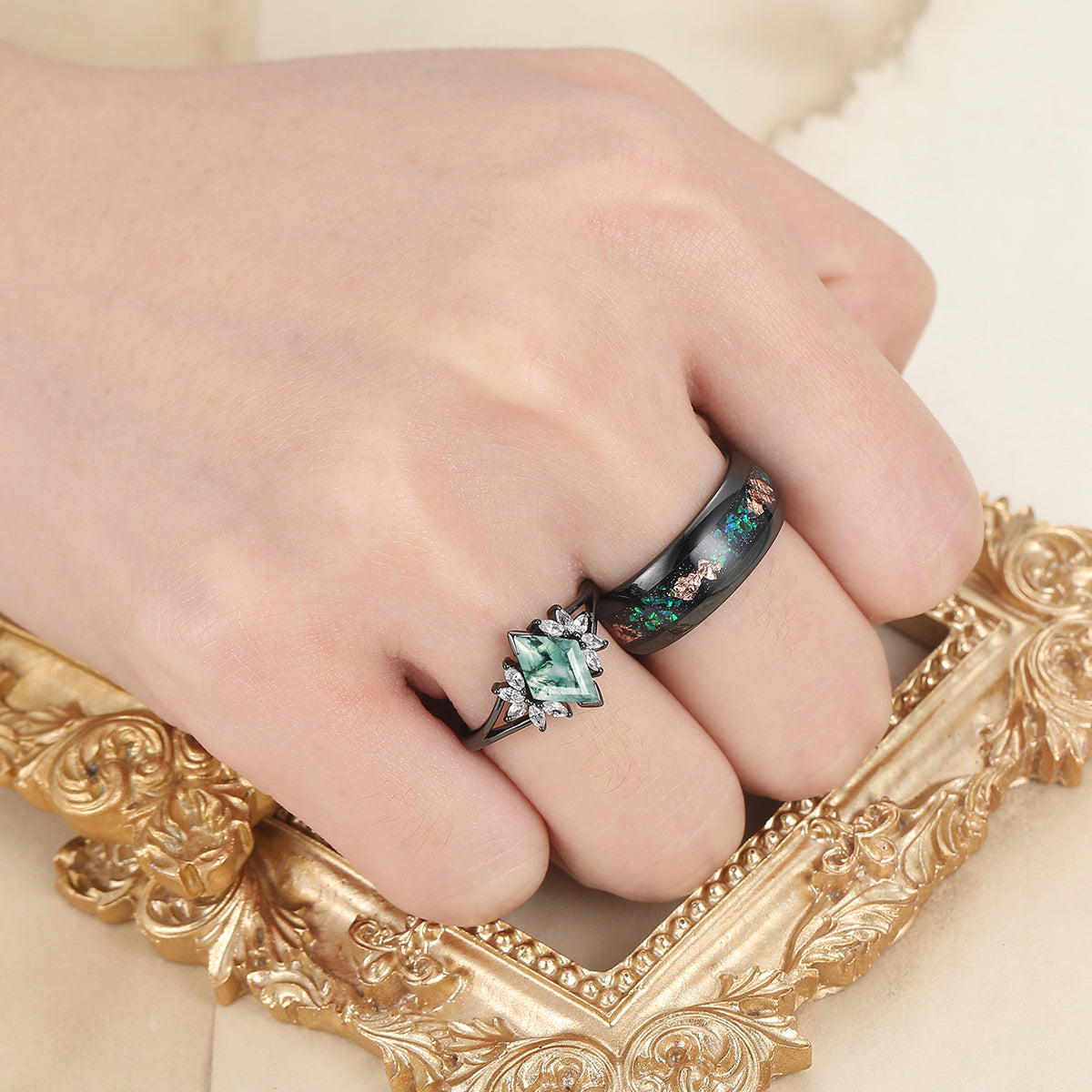 Romantic Moss Agate Engagement Couple Rings Set Promise Black Tungsten Wedding Ring Set