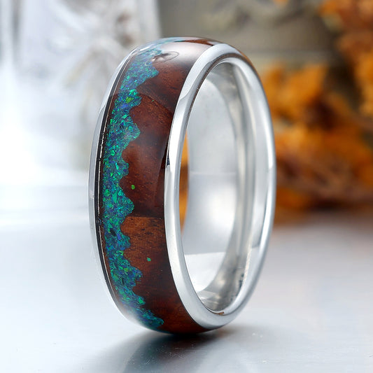 Crushed Peacock Green Opal Tungsten Wedding Band Wood Strips Men's Unisex Ring Anniversary Ring